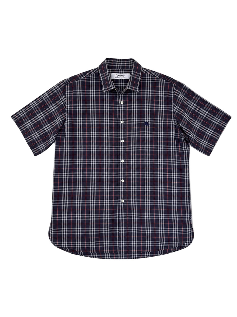 Burberry London Plaid Casual Button Down Short Sleeve Shirt Navy Red Tartan